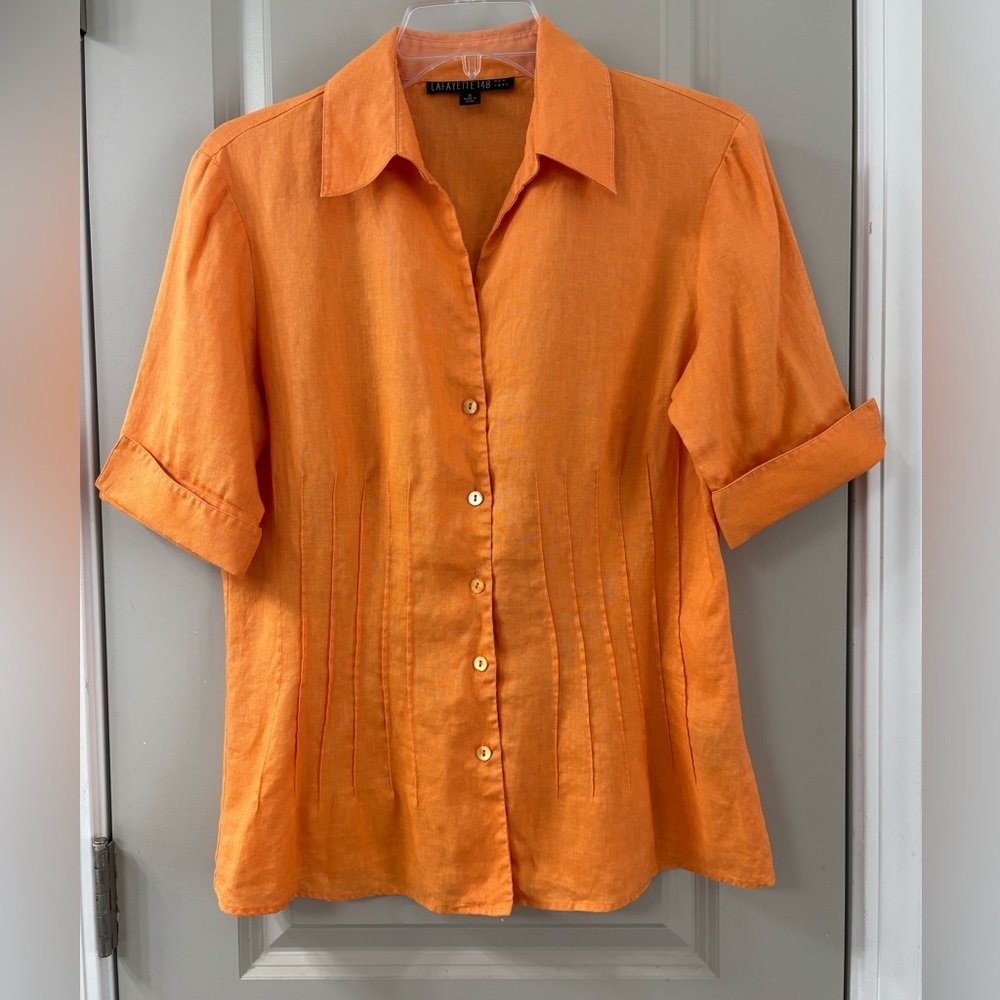 Lafayette 148 New York Orange Button Down Linen Shirt
